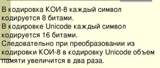 Кодировка КОИ-8: каждый символ занимает 8 битов